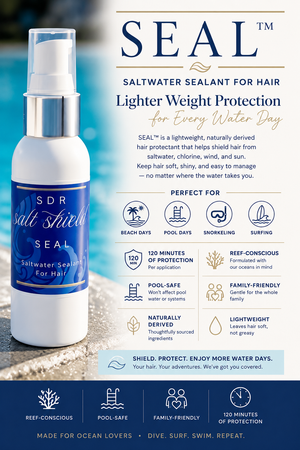 Salt Shield SEAL lightweight saltwater hair protection for beach, pool, snorkeling and surfing with up to 120 minutes of water exposure.