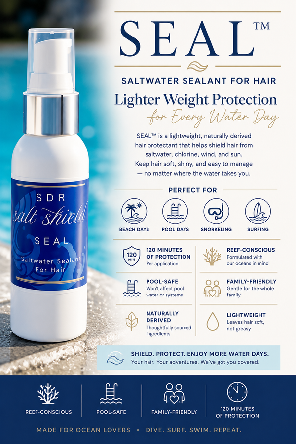 Salt Shield SEAL lightweight saltwater hair protection for beach, pool, snorkeling and surfing with up to 120 minutes of water exposure.
